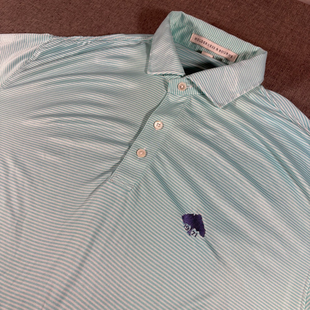 Holderness & Bourne Polo Mens L Mint Green Striped Tailored Fit Performance 1971